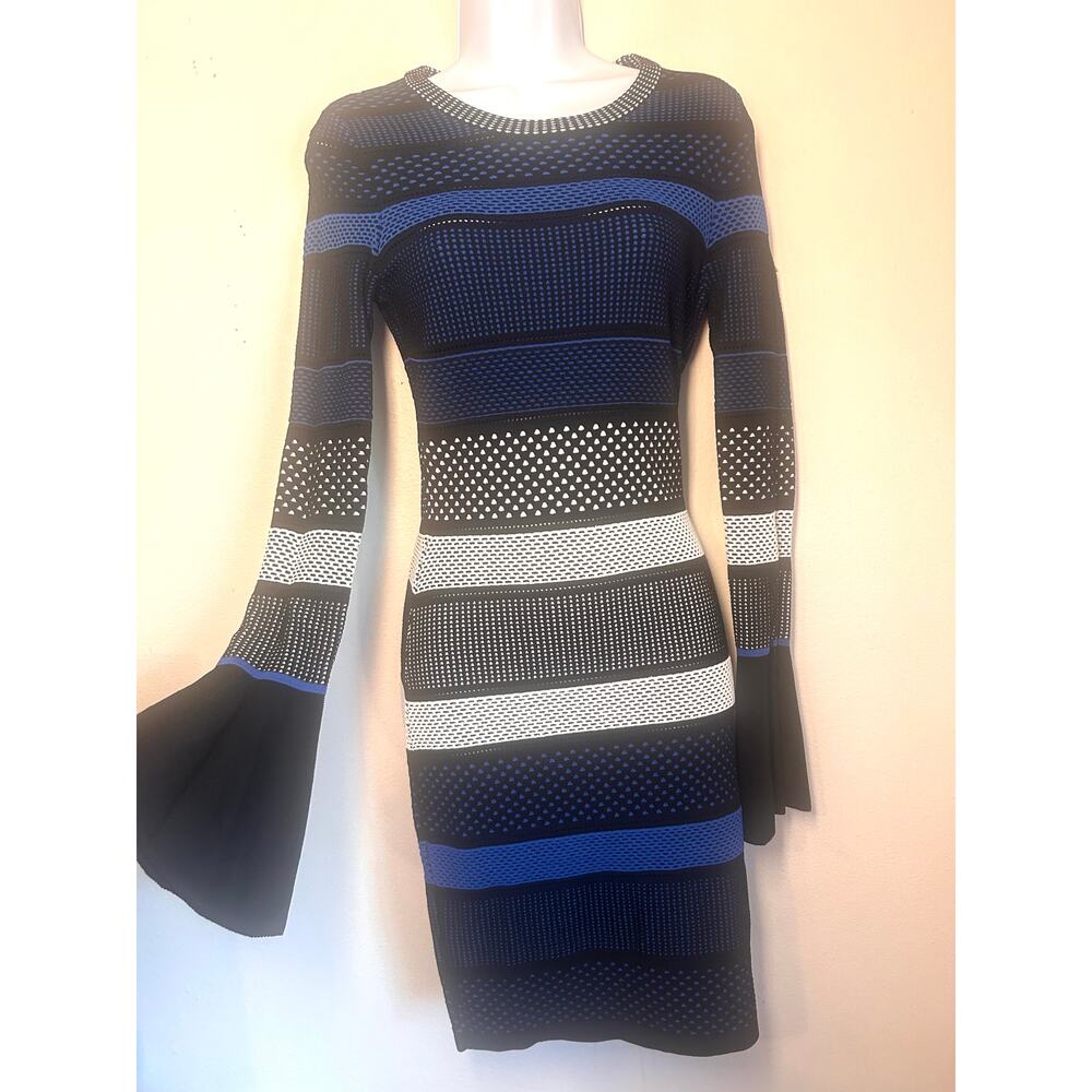 Alton Gray bodycon long sleeve striped mesh dress form-fitting bell sleeves SZ S